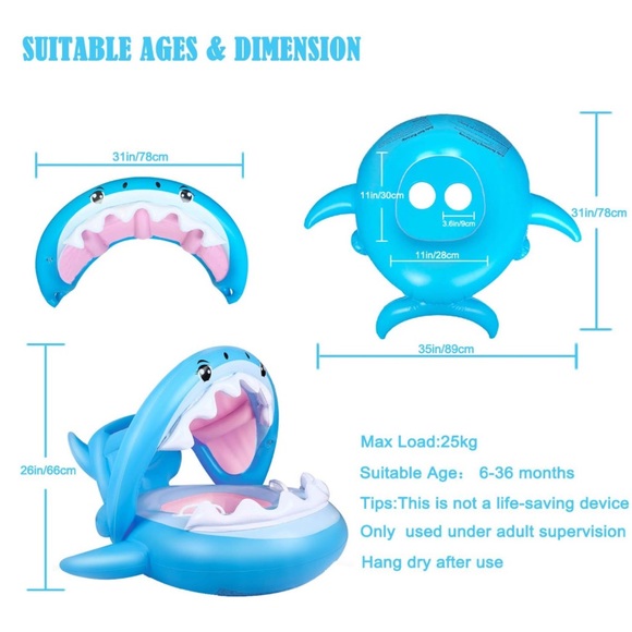 Baby Float Swimming Pool Toddler Floaties with Inflatable Canopy Shark 6-36 M - Picture 5 of 9